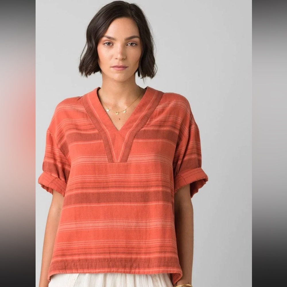 PrAna Kai Organic Cotton Striped Vneck Short Sleeve Top Burnt Orange Size Medium